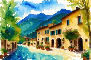 een waterverf dorp. Italië, Spanje, Frankrijk. waterverf schilderij van een sereen middellandse Zee dorp. generatief ai foto