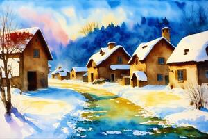 een waterverf dorp. rustig rust. waterverf schilderij van een rustiek dorp. generatief ai foto
