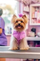 schattig hond Bij groomer salon, ai gegenereerd foto