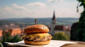 detailopname van Hamburger Aan houten tafel met wazig achtergrond, generatief ai foto