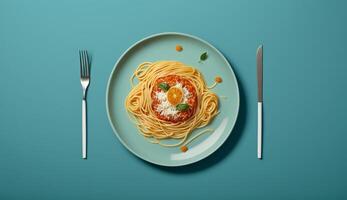 top visie van spaghetti pasta met tomaat saus en basilicum Aan houten tafel achtergrond, generatief ai foto