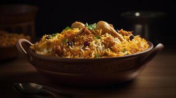 biryani in schaal, desi Indisch voedsel biryani rijst- in schaal, generatief ai foto