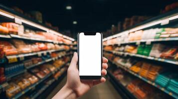 Mens hand- Holding een smartphone over- wazig supermarkt achtergrond, generatief ai foto