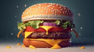 detailopname visie van Hamburger met kaas en groenten Aan donker achtergrond, generatief ai foto