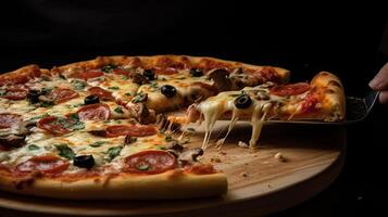 peperoni pizza Aan een houten bord, detailopname, generatief ai foto