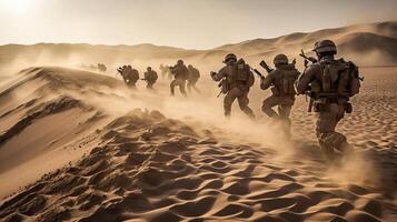 soldaten Bij woestijn Gaan naar oorlog, strijd soldaten, generatief ai foto