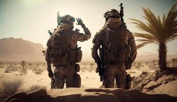 terug visie van soldaten Bij woestijn, zege strijd soldaten, generatief ai foto