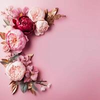 pioenrozen, rozen Aan roze achtergrond met kopiëren ruimte. abstract natuurlijk bloemen kader lay-out met tekst ruimte. romantisch vrouwelijk samenstelling. bruiloft uitnodiging generatief ai foto