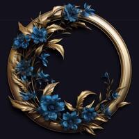 3d gouden krans decoratie kader met blauw en groen bloemen generatief ai foto