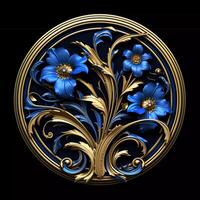 3d gouden krans decoratie kader met blauw en groen bloemen generatief ai foto