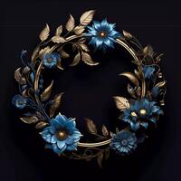 3d gouden krans decoratie kader met blauw en groen bloemen generatief ai foto