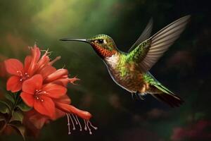 kolibrie in vlucht Aan kleurrijk bloemen generatief ai foto