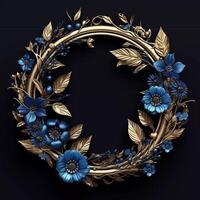 3d gouden krans decoratie kader met blauw en groen bloemen generatief ai foto