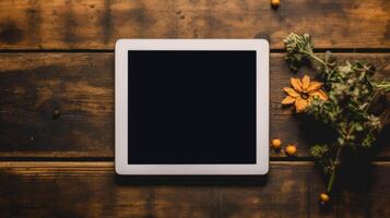 tablet mockup plaats Aan de houten tafel met bloem herfst bladeren achtergrond, warm toon kleur, generatief ai foto