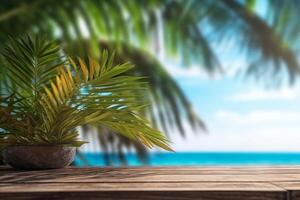 houten tafel met zomer tropisch zee en blauw lucht met wolken achtergrond, generatief ai foto