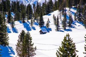 oude hut in de sneeuw