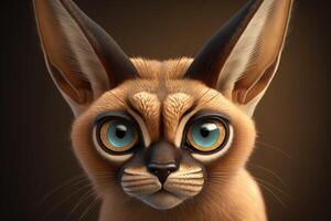 3d schattig groot oog caracal tekenfilm. ai gegenereerd foto