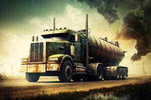 olie vrachtwagen. olie gas- industrie achtergrond. ai gegenereerd foto