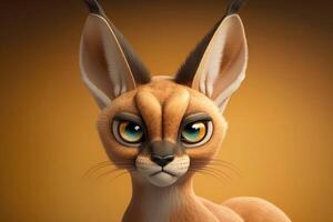 3d schattig groot oog caracal tekenfilm. ai gegenereerd foto