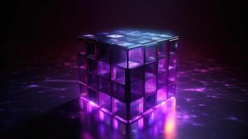 3d renderen van zwart kubussen met Purper neon lichten Aan zwart achtergrond.ai generatief foto