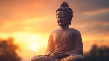 Boeddha standbeeld Aan zonsondergang achtergrond.ai generatief foto