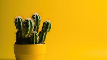 cactus in geel pot Aan geel achtergrond met kopiëren ruimte. minimaal stijl.ai generatief foto