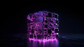 3d renderen van zwart kubussen met Purper neon lichten Aan zwart achtergrond.ai generatief foto