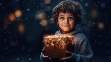 jongen met magie Kerstmis doos. illustratie ai generatief foto