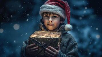 jongen met magie Kerstmis doos. illustratie ai generatief foto