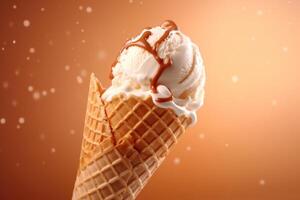 ijs room ijshoorntje met karamel. illustratie ai generatief foto