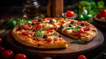 heerlijk Grieks pizza toppings Aan houten snijdend bord voor Italiaans voedsel klaar naar eten concept. voedsel fotografie, generatief ai. foto