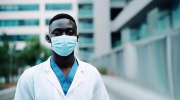 portret van jong Afrikaanse mannetje dokter vervelend masker Bij ziekenhuis buiten, generatief ai. foto