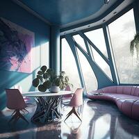 futuristische interieur stijl huiskamer, modern knus leven kamer met monochroom blozen. ai generatief. foto