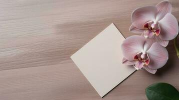 blanco papier kaart mockup en orchidee bloemen Aan houten structuur tafel bovenkant, generatief ai. foto