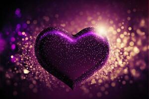 3d geven van glimmend Purper glitterachtig hart vorm Aan bokeh verlichting achtergrond. liefde concept. foto