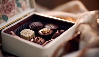 chocolaatjes en chocola pralines in een geschenk doos net zo een luxe vakantie Cadeau, generatief ai foto