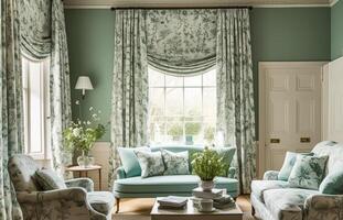 traditioneel Engels platteland stijl lounge kamer, met bloemen bekleding en aards groen kleur, huis decor en interieur ontwerp. generatief ai foto