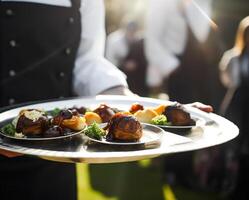 luxe bord met voorgerechten geserveerd door een ober Bij een voortreffelijk evenement buitenshuis, prima dineren, nabewerkt, generatief ai foto