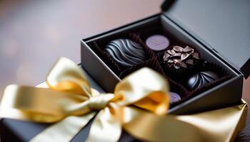 chocolaatjes en chocola pralines in een geschenk doos net zo een luxe vakantie Cadeau, generatief ai foto