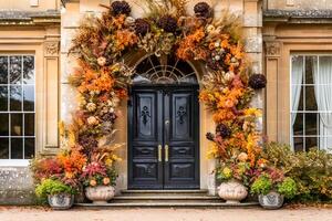 geweldig herfst- decoraties Aan een klassiek deur Ingang, gastvrij herfst- vakantie seizoen, generatief ai foto