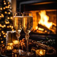 Champagne in voorkant van een haard Aan een vakantie vooravond viering, vrolijk kerstmis, gelukkig nieuw jaar en gelukkig vakantie wensen, generatief ai foto