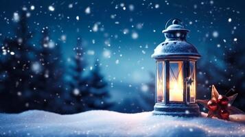 wijnoogst Kerstmis lantaarn Aan sneeuw net zo magie nacht winter vakantie achtergrond, vrolijk Kerstmis en gelukkig vakantie wensen, generatief ai foto