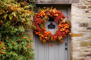 herfst krans decoratie Aan een klassiek deur Ingang, gastvrij herfst vakantie seizoen met herfst- decoraties, generatief ai foto