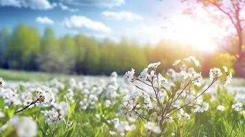 wazig voorjaar achtergrond natuur met bloeiend open plek, generatief ai technologie foto