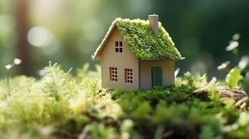 groen en milieuvriendelijk vriendelijk behuizing concept, miniatuur houten huis in voorjaar gras, eco concept, generatief ai technologie foto