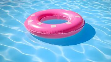 roze zwemmen zwembad ring vlotter in blauw water, generatief ai technologie foto