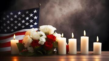 brandend kaars, Verenigde Staten van Amerika vlag en bloem voor nationaal dag van gebed en herinnering, gemaakt gebruik makend van generatief ai technologie foto