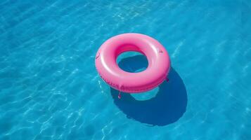 roze zwemmen zwembad ring vlotter in blauw water, generatief ai technologie foto