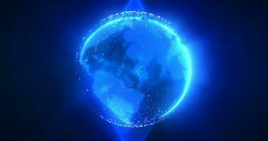 abstract blauw planeet aarde spinnen met futuristische high Tech deeltjes helder gloeiend magisch energie, abstract achtergrond foto