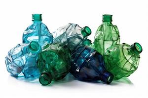 verfrommeld plastic flessen. gerecycled plastic flessen. plastic fles geïsoleerd Aan wit achtergrond foto
